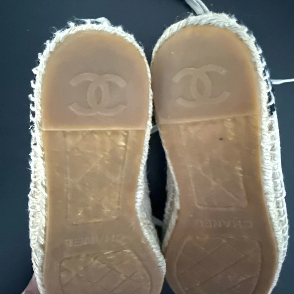 Chanel Two Tone Crackle Leather CC Logo Espadrille Lace Up High Top Sneakers